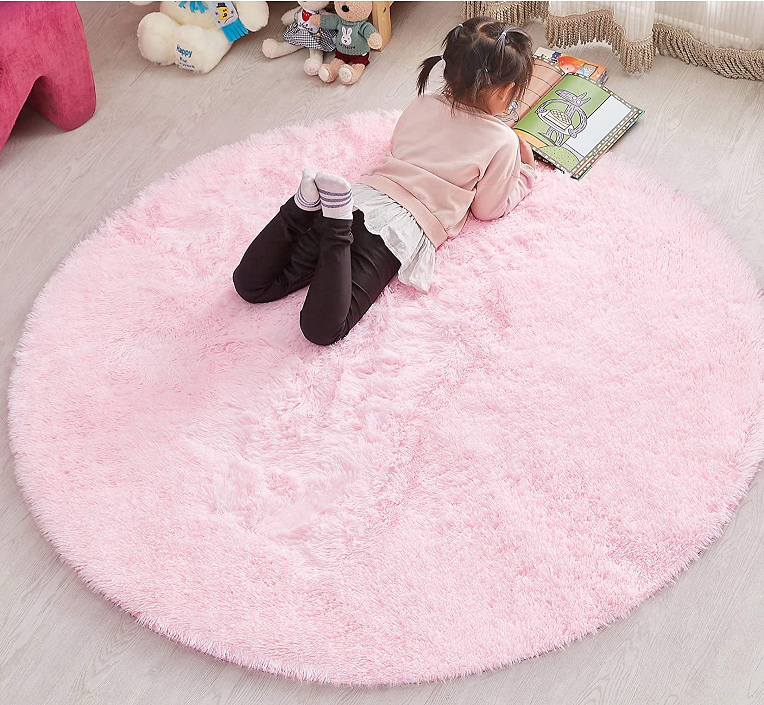 Round Play Mats for Kids 40 Inch Pink Round Rug for Play Tent